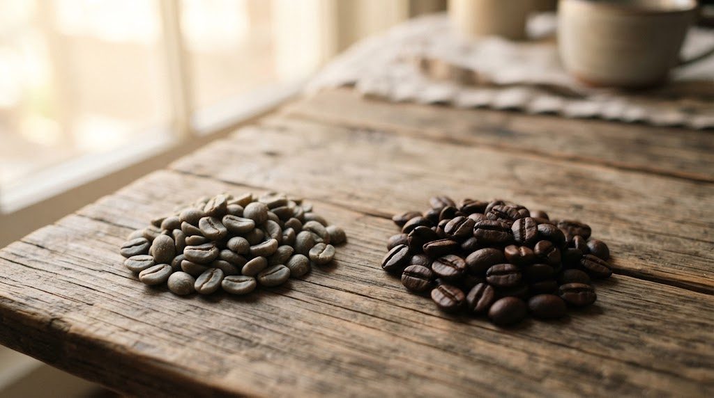緑がかった灰色のコーヒー生豆の山と、焙煎された茶色いコーヒー豆の山が木の板の上に並んでいる様子