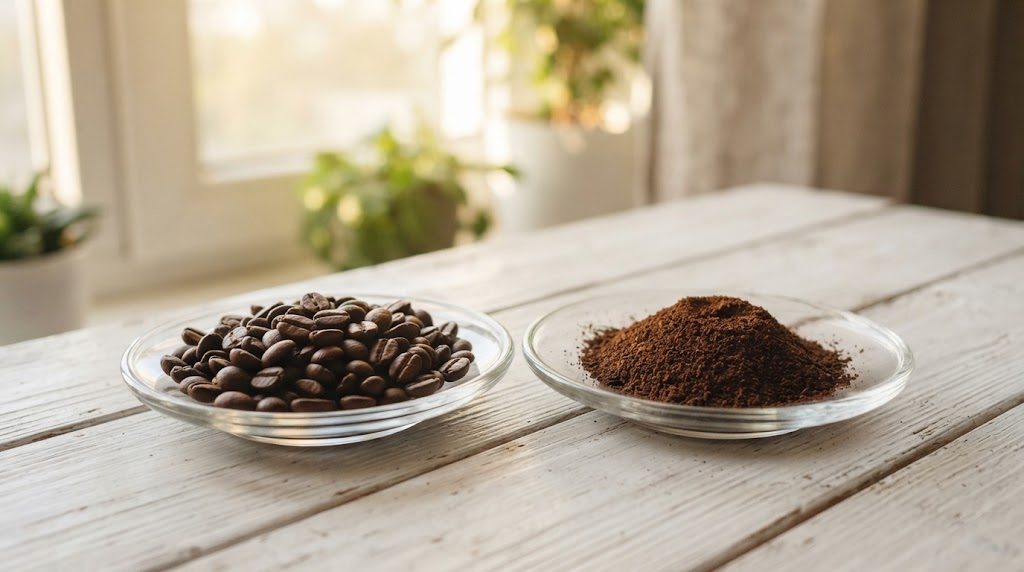ガラスの小皿に入ったコーヒー豆と、挽いたコーヒー粉が並んで置かれている様子