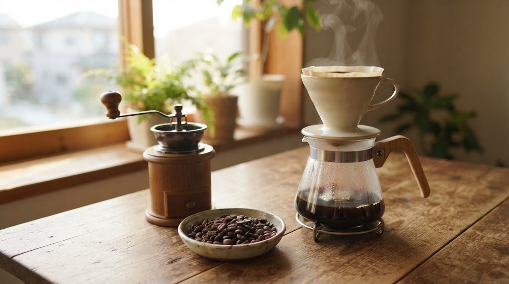 朝の窓際の木のテーブルに、手動のコーヒーミルとコーヒー豆の小皿、湯気の立つドリッパーとガラスのサーバーが置かれている様子
